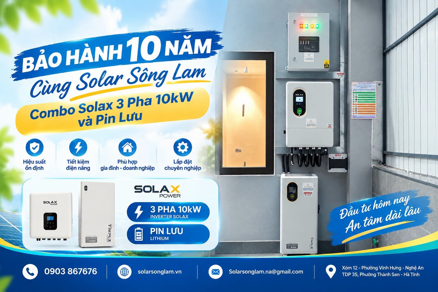 Hệ thống điện mặt trời 3 pha 15kW kết hợp pin lưu trữ Triple 16kWh